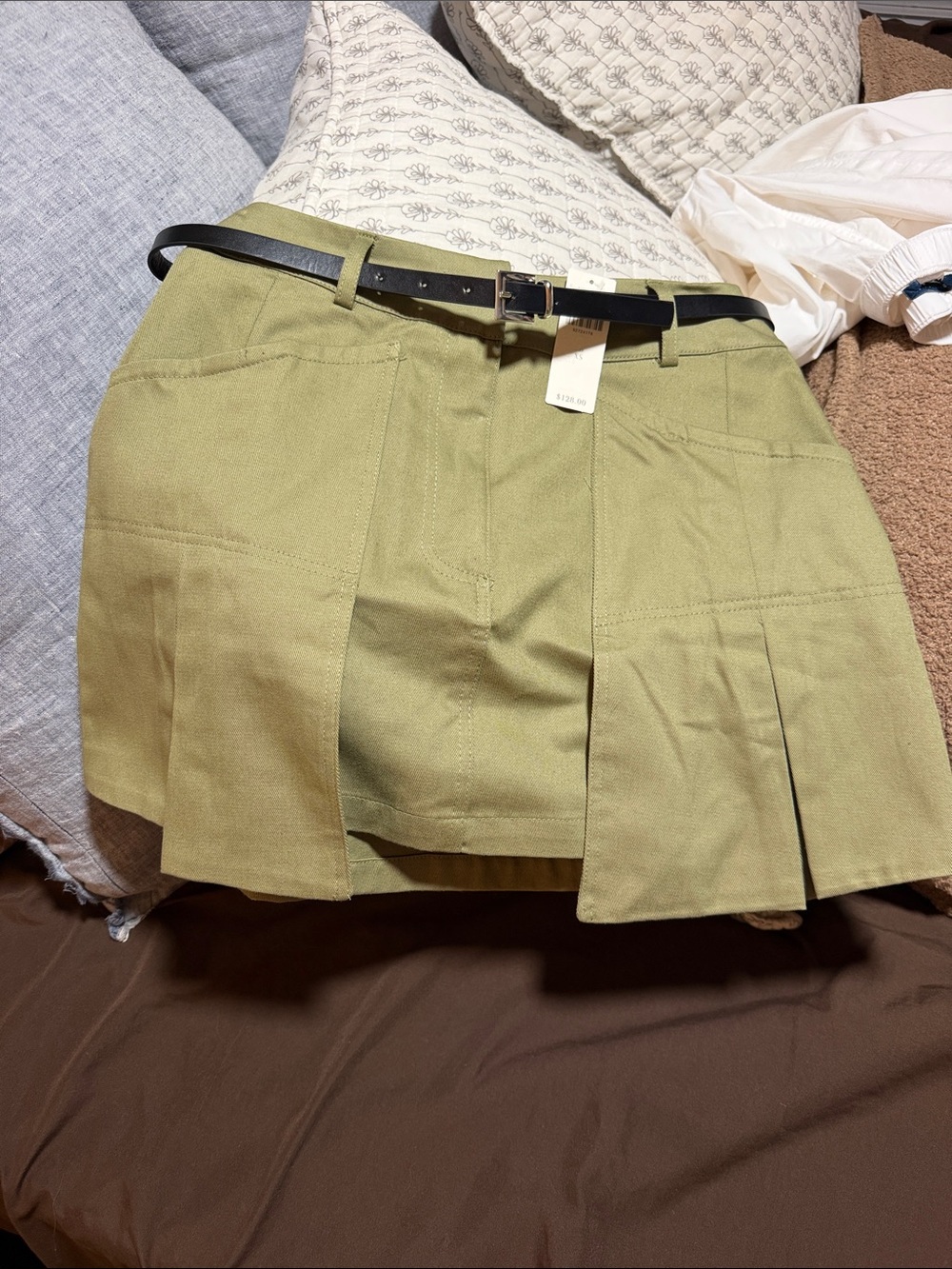 Anthropologie Olive Green Pleated Mini Skirt with Black Belt
